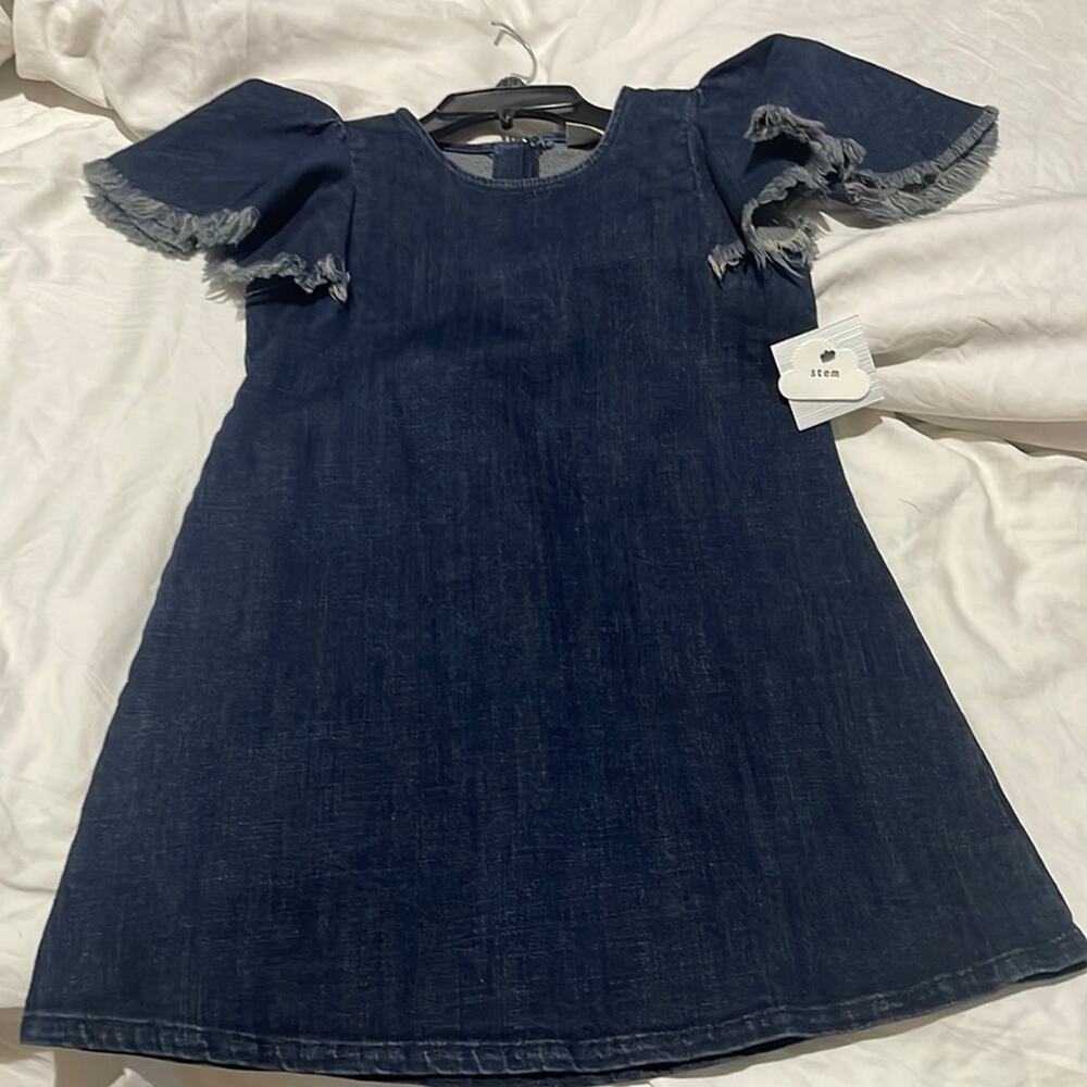 Stem 5 denim a line dress frayed flared puff sleeves unlined back zipper nwt